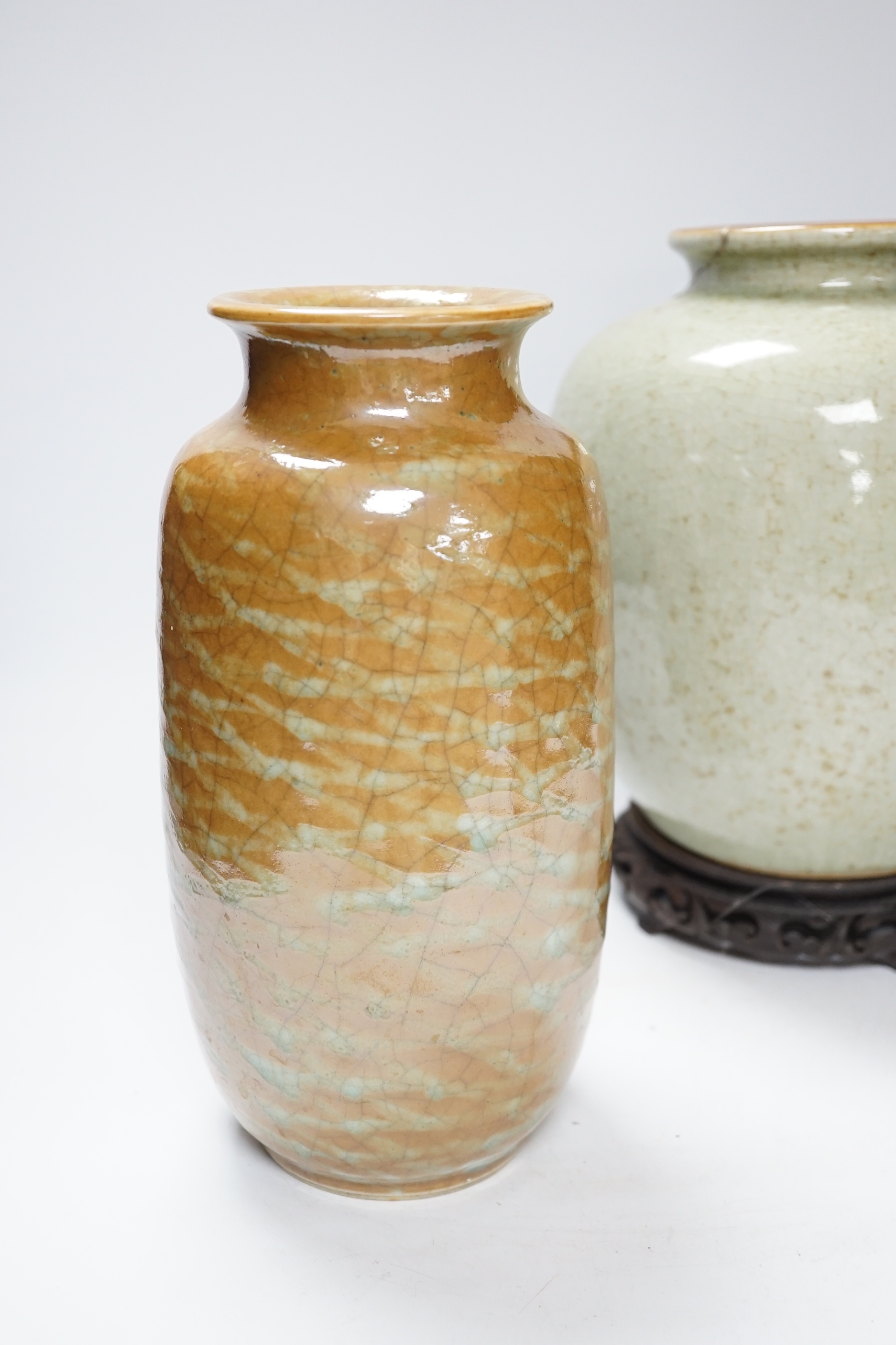 A 19th century Chinese crackle glaze vase on stand and a cafe-au-lait glazed vase, Chinese vase and stand 29cm high (2)